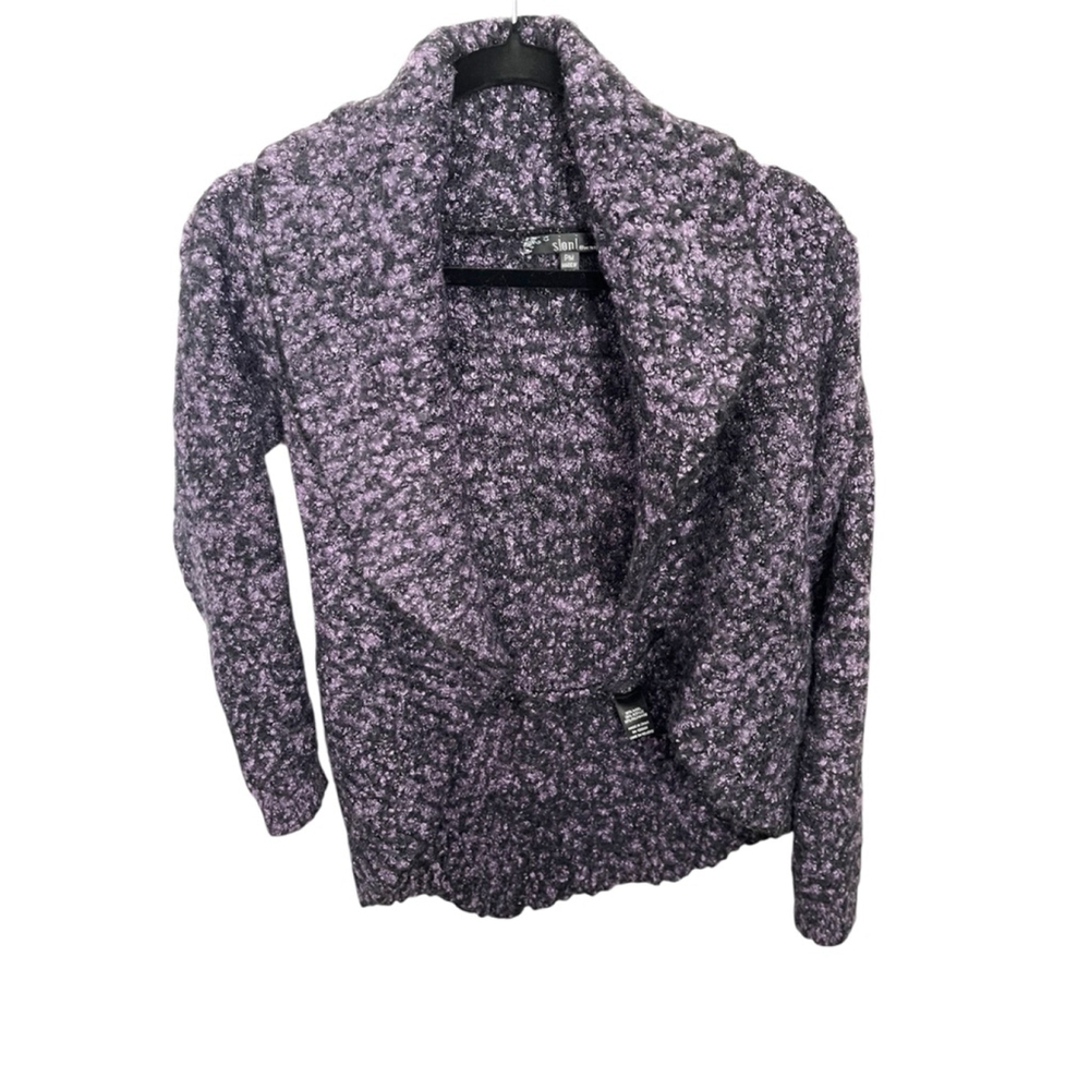 Slonl Wool Cardigan Purple Black Boucle Knit Petite Medium Cozy Layering Sweater